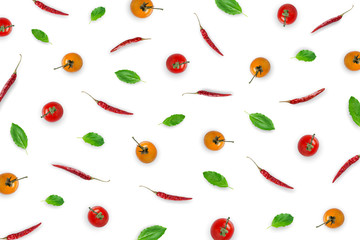 Raw material with basil leaves, chili, tomato on white background.