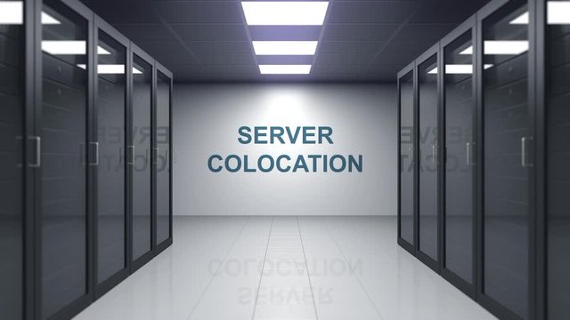 SERVER COLOCATION caption on the wall of a server room. Conceptual 3D animation