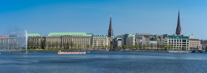 Beautiful panoramic view Alster lake with fountain