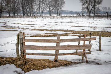 Wooden gate on a field in Masovian Voivodeship of Poland