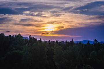 Sunset over hills of Bieszczady Mountains National Park in Poland