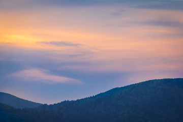 Sunset over hills of Bieszczady Mountains National Park in Poland