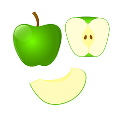 Set of green Apple and cut in half Apple and slice isolated on white background.