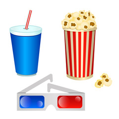Set of vector illustrations of cinema consisting of 3D glasses and a glass of popcorn and a glass of soda.
