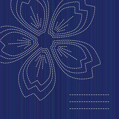 Sashiko banner with blooming sakura flower and copy space. Text frame. Abstract seamless texture. Indigo color. Classic japanese quilling. Needlework texture. For handiwork, banner or postcard decor.