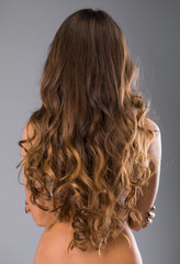 Female Long wavy brunette hair, rear view