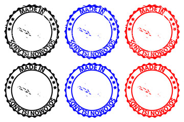 Made in Solomon Islands - rubber stamp - vector, Solomon Islands map pattern - black, blue and red