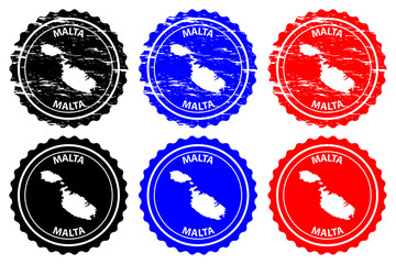 Malta - rubber stamp - vector, Republic of Malta map pattern - sticker - black, blue and red