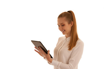 Beautiful business woman surf the internet  on tablet isolated over white