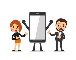 Vector cartoon businessman and woman with big smartphone