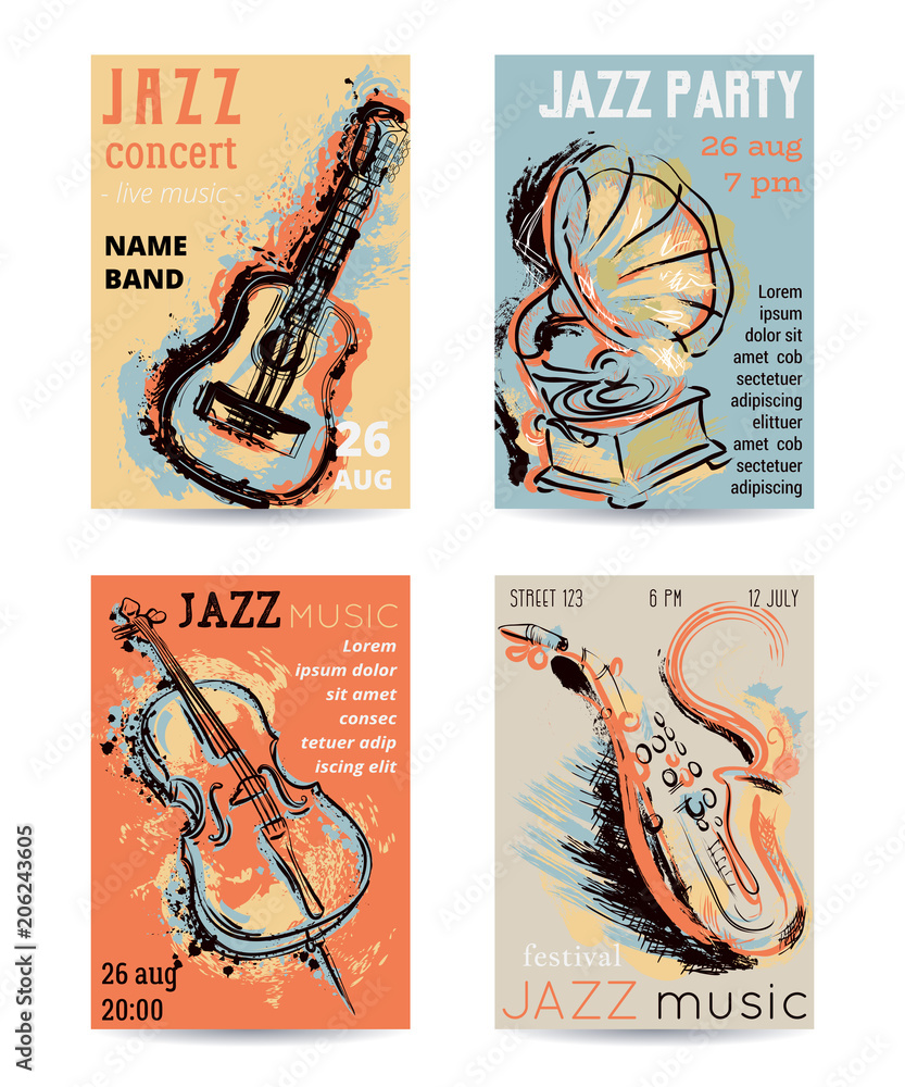 Wall mural jazz music party with musical instruments. saxophone, guitar, cello, gramophone with grunge watercol