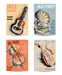 Obraz premium Jazz music party with musical instruments. Saxophone, guitar, cello, gramophone with grunge watercolor splashes. Design template for invitation, card, poster, placard and flyer. Vector illustration