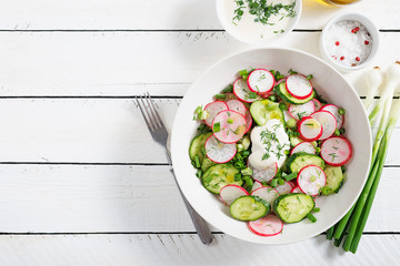 Fresh organic radish salad. top view.
