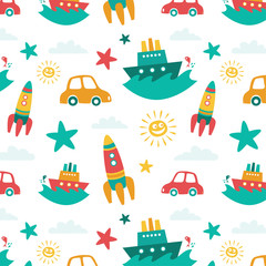 Cute vehicles colorful vector pattern for kids, suitable for children room decoration.
