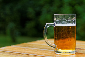 Pint of beer on the wooden table in te garden