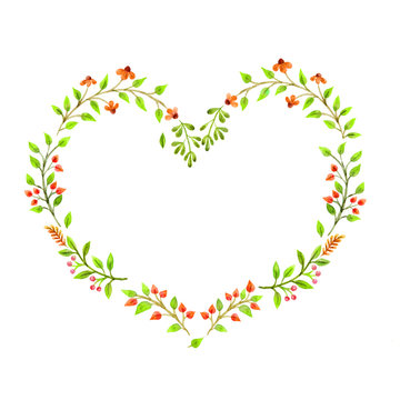 Watercolor floral wreath in the shape of a heart Image Isolated On White Background.