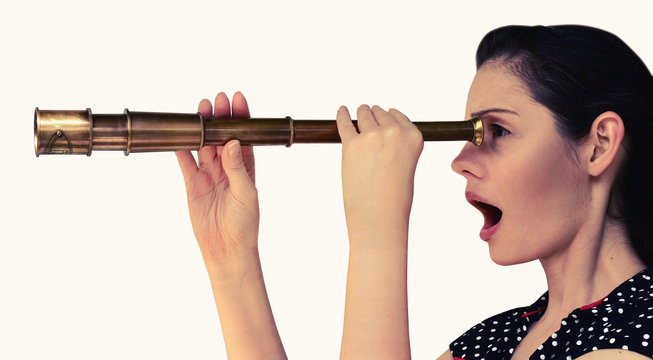 Frau mit Fernrohr Vintage
