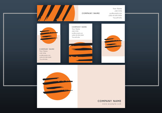 Business Identity Layout Set with Orange Orb and Black Brush Strokes