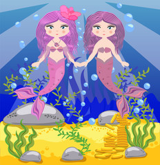 Obraz na płótnie Canvas Vector background with an underwater world in a children's style. A mermaid is sitting on a rock.