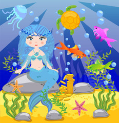 Obraz na płótnie Canvas Vector background with an underwater world in a children's style. A mermaid is sitting on a rock. Wooden chest with gold on the bottom of the sea. Seabed in a cartoon style.