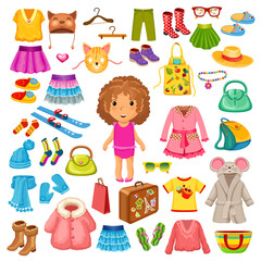 Set of colorful children clothes and accessories for travel and relax. Vector elements.