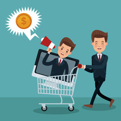 Businessmens promoting shopping vector illustration graphic design