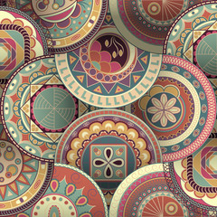 Colorful vintage pattern with floral and mandala elements. Hand drawn background. Can be used for fabric, wallpaper, tile, wrapping, covers and other