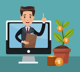 Businessman on computer screen and money plant vector illustration graphic design