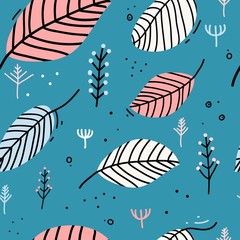 Design of a seamless pattern with a decor of flowers, leaves and twigs. A gentle background in the Scandinavian style of minimalism. Modern wallpaper in the style of a huggie. Vector