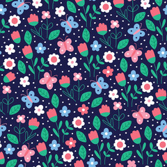 seamless dark blue flower pattern vector illustration