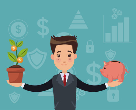 Businessman with savings and money plant vector illustration graphic design