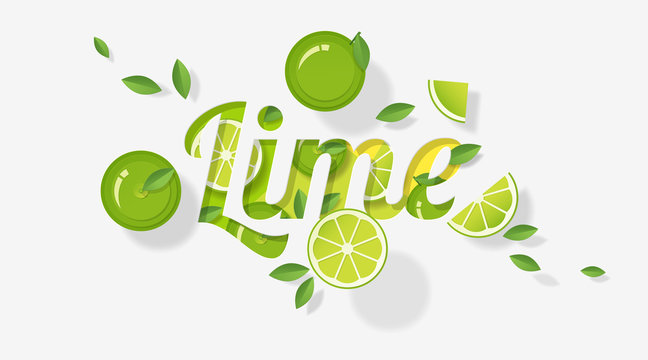 Word lime design decorated with lime fruits and leaves in paper art style , vector , illustration