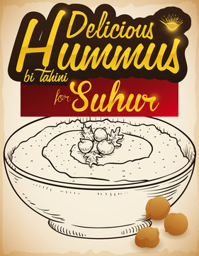 Delicious Hummus Dish and Chickpeas for Suhur Breakfast During Ramadan, Vector Illustration