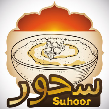 Morning Breakfast with Hummus or Suhoor pre-fasting during Ramadan, Vector Illustration