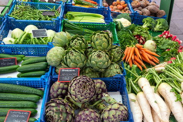 Fresh vegetables for sale at the Viktualienmarkt in Munich, Germany