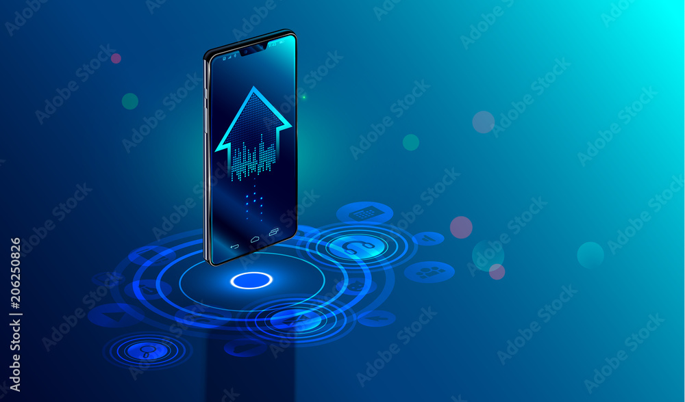 Aufkleber Smartphone with digital logo smart home stand at iot icons. Smart phone controls devices of smart home via wireless connection and voice commands. Internet of things concept.