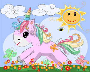 A little pink cute cartoon Unicorn on a clearing with a rainbow, flowers, sun. Postcard, spring, magic