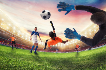 Soccer striker hits the ball with an acrobatic bicycle kick. 3D Rendering - obrazy, fototapety, plakaty