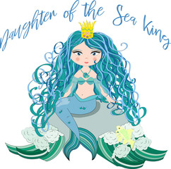 A beautiful little mermaid is sitting on a rock. Siren. Sea theme. vector illustration on a white background.