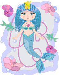 Obraz na płótnie Canvas Cartoon beautiful little mermaid in a wreath. Siren. Sea theme. vector illustration on a white background.