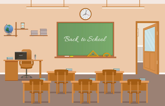 School class room interior design with text on chalkboard. School classroom with chalkboard, student desks.