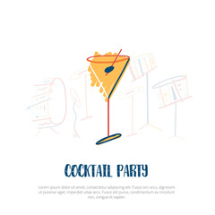 Cocktail party invitation card with glass and drum instruments on background. Colorful composition