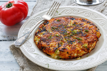 Swiss potatoes rosti on a white plate.