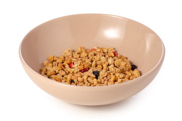 Granola with fruit in plate on a white background isolation