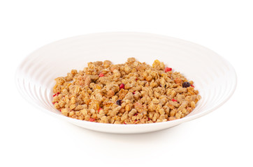 Granola with fruit in plate on a white background isolation
