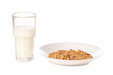 Granola with fruit flakes in plate glass of milk on a white background isolation
