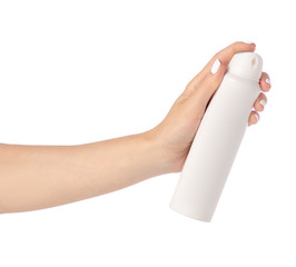 Deodorant in hands on white background isolation