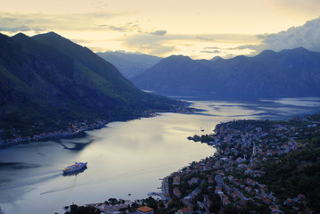 Fjord in dusk, cruise ship. Top view. Kotor bay, Montenegro