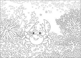 Funny crab among corals on a reef in a tropical sea, black and white vector illustration in a cartoon style for a coloring book

