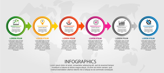 Modern vector illustration 3D. Template of circles of infographics with six elements and arrows. Designed for business, presentations, web design, diagrams with 6 steps. Concept step by step